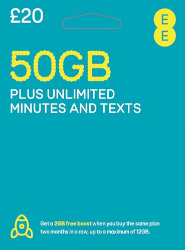 EE 70 GB Daten-SIM, inkl. 20 £ Prepaid-Guthaben 70 GB Daten, unbegrenzte Minuten und unbegrenzte Texte