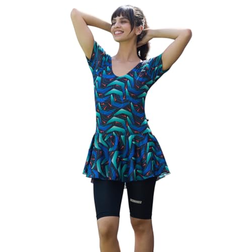 ROVARS Poly Jersy - Printed Swimming Costume for Women Frock Style [Half Sleeves - Half Length - Without Pads]