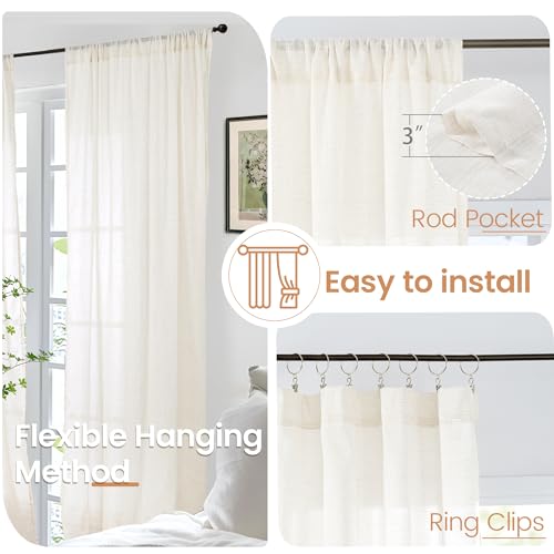 Image of BGment Ivory Linen Curtains 84 Inches Long 2 Panels Set for Living Room | Semi Sheer Light Filtering Drapes with Rod Pocket Textured Lightweight Window Treatments for Dining Bedroom, 52 X 84 Inch