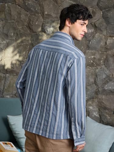 Image of The Souled Store Striped Shirt: Lagoon Men and Boys Long Sleeve Spread Collar Blue Textured Cotton Lightweight Easy to Style Everyday Office Wear Casual Relaxed Shirt