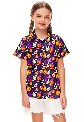 Image of Remimi Unisex Kids Halloween Shirt Boys Pumpkin Ghost Shirts Hawaii Button Up Tops 5-14 Years
