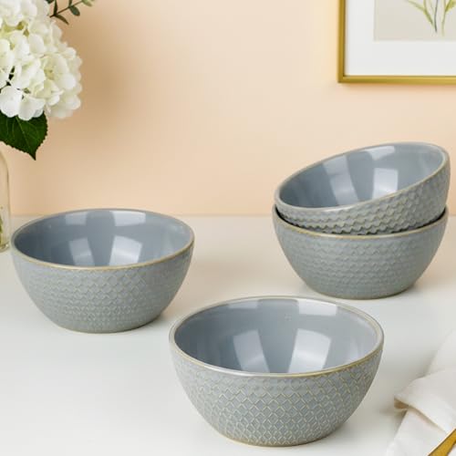 Image of The Earth Store Grey Embossed Ceramic Bowl Set of 4 - 500ML Each | Ceramic Mixing Bowls for Snacks, More | Rice, Dal, Fruits, Salad | Microwave Safe Bowl Set | Perfect for Gifting & Daily Use