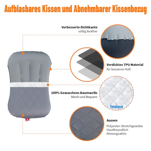 Coussin gonflable pour camping/voyage, avec taies d'oreiller amovibles et coussin d'air de camping ultra léger, coussin ergonomique, accessoire de camping idéal, coussin de nuque gonflable – Image 3