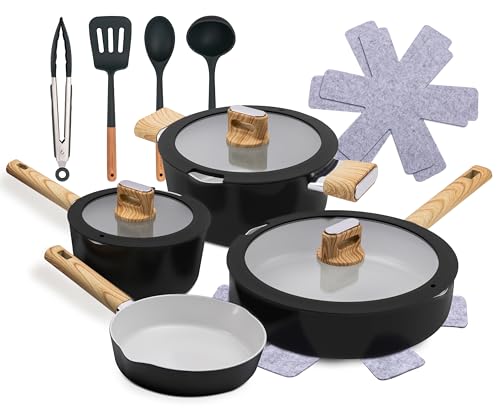 NutriChef Juego de Cocina Cerámico Antiadherente de 14 Piezas – Ollas y Sartenes Aptas para Inducción con Tapas de Vidrio, Mangos de Tacto Frío, Distribución Uniforme del Calor, Apto para Lavavajillas