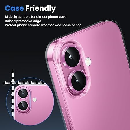 Image of for iphone 16 /16 Plus camera lens protector Tempered Glass Aluminum Alloy Ring with Camera Cover (Pink)