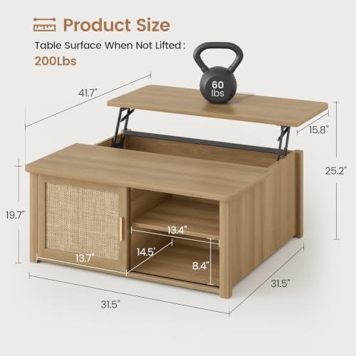 Image of SEDETA 31.5 inch Lift Top Coffee Table with Storage, Square Coffee Tables for Living Room, Farmhouse Coffee Table with Large Hidden Storage Compartment and Adjustable Shelves, Rattan Oak