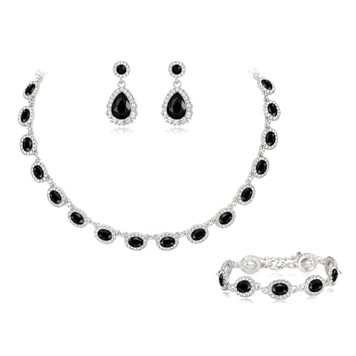 Crysdue Wedding Jewelry Set for Women Brides Silver Plated Black Oval Rhinestone...