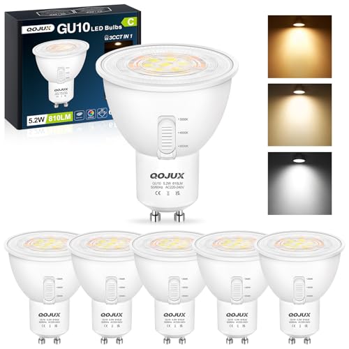 GU10 LED 5.2W 810LM 3CCT Einstellbar Warmweiss 3000K/ Neutralweiss 4000K/ Kaltweiss 6500K Glühbirne Energieeffizienzklasse C 80W Halogenlampe Ersetzt 38 Abstrahlwinkel Nicht Dimmbar 6 Stück