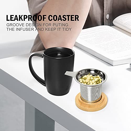 COYMOS Ceramic Tea Mug with Infuser and Lid, 16oz Loose Leaf Tea Cup Large Handle Teaware Mug, Tea Gift Sets for Tea Lover (Black)