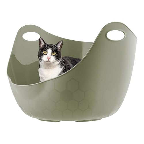 IRIS USA Cat Litter Box with High Walls and Handles Made with Flexible Plastic Sage Green