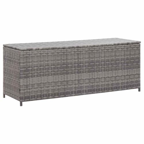 vidaXL Garden Storage Box - Grey Poly Rattan, Spacious Outdoor Storage Bench, Modern Garden Equipment Container, Sturdy 150x50x60 cm Bench with Liner
