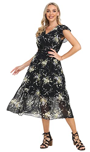 Image of VintageClothing Womens Sundress Casual Floral Summer Boho Dress | Flowy Wrap V Neck Ruffle A-Line Pleated Hem Midi Dresses