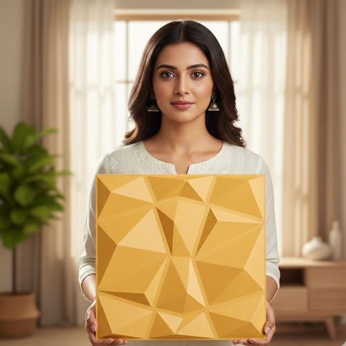 Image of Kayra Decor 3D Wall Panels Diamond Design - Yellow Color | 19.7 inch x 19.7 inch (Pack of 12) - Covers 107.60 Sq. Ft | Premium Home & Office Wall Decoration