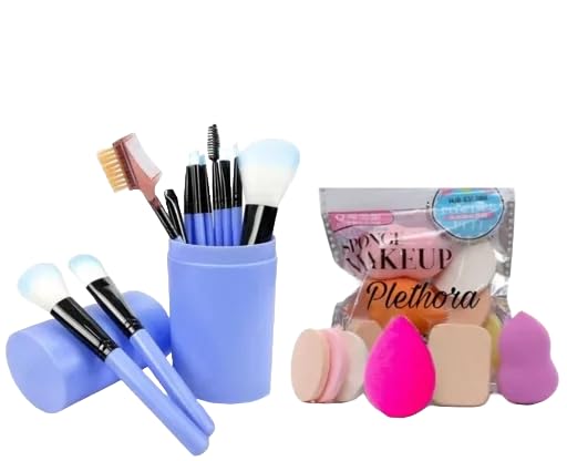 SaawaraKart’s Professional Makeup Brushes 12 Pcs Face Makeup Brushes Makeup Brush Set with Storage Plastic Holder Box and 6 blender makeup puff (Blue with 6 Puff Blender)