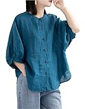 [SpringSwalloow] [スプリングスワロー] 長袖 クルーネック カジュアル レディース リネン シャツ 春 夏 ファッション uネック 春夏 かわいい 女性用 (ブルー XL)