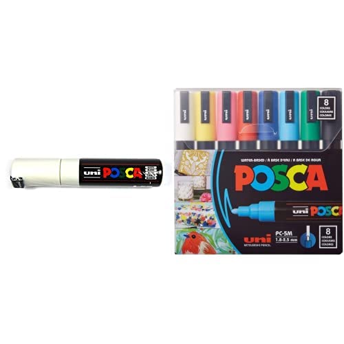 Posca Full Set of 8 Medium Point Pens + White Acrylic Paint Pen with Broad Bullet Pen Tips, Pens are Acrylic Paint Markers for Rock Painting, Fabric, Glass, Metal, and Graffiti