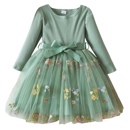 Mjjsk Vestido de manga larga para niñas, de punto, bordado floral, tul, princesa, cumpleaños, fiesta, informal, para fiestas, verde, 1 año