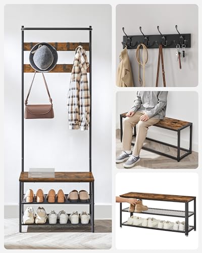 Miniatura 6 de Vasagle Perchero Zapatero, Perchero Recibidor, Con Banco Zapatero, 9 Ganchos Extraíbles, Barra Superior, 32,2 X 64 X 180 Cm, Entrada Dormitorio, Industrial, Marrón Rústico Y Negro Hsr411b01
