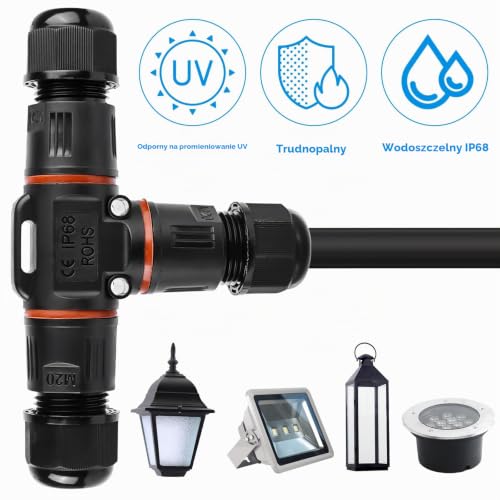 GAOUTO 3-szt. Wodoszczelne złącza kablowe IP68, T-shape, 3-biegunowe, kabel ziemny, mufa do kabli 3-12 mm, 2-drożne, wodoszczelne, czarne