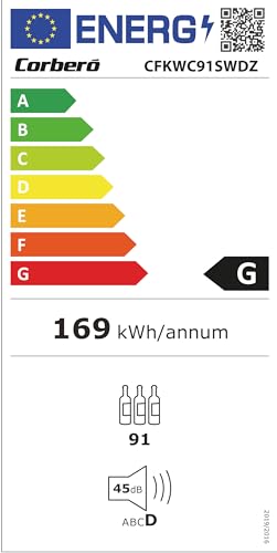 Corberó CFKWC91SWDZ Weinkühlschrank 200L, 91 Flaschen, statisch mit Ventilator, schwarze Glastür, Doppelzone, LED-Licht, 4 Holzböden, 45 dB, Energieeffizienz G,