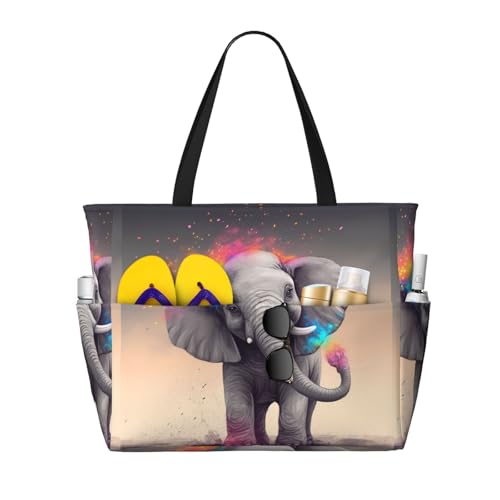 Beach Bags For Women Large Waterproof Sandproof Beach Tote Bag Lightweight Zipper Carry On Bag Animal Cartoon Elephant Pool Bag For Gym Travel Vocation
