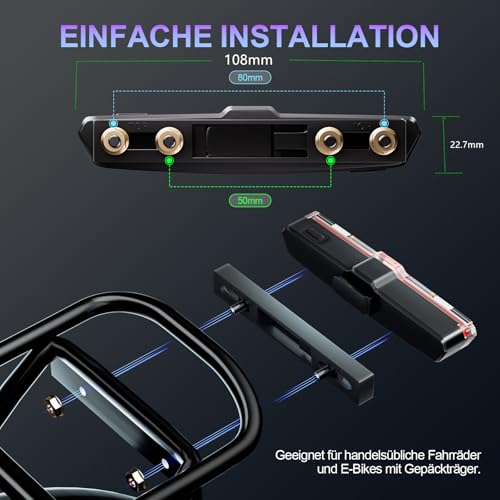 LINGHUANG Rücklicht Fahrrad LED USB-C Aufladbar Akku für Gepäckträger, StVZO Zugelassene Fahrrad Rücklicht Sichtweite 220° für E Bike, Fahrradlicht Hinten Ipx5 Wasserdicht, Mit Bremslichtfunktion