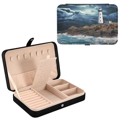 Haskirky Lighthouse Jewelry Box Portable PU Leather Travel Jewelry Organize for Women Jewelry Storage Display Holder for Ring, Necklace, Earring