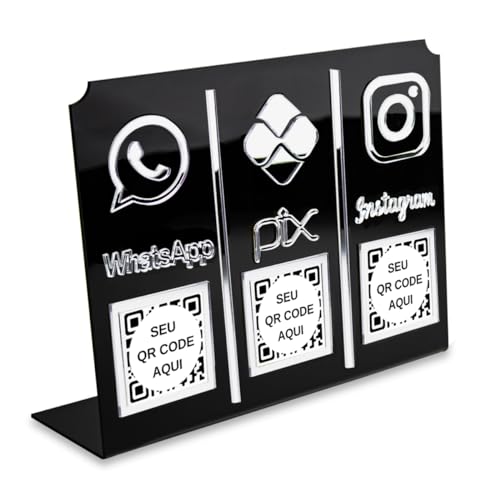 Display Placa 3 em 1 WhatsApp Pix Instagram Qr Code Preto Pagamentos Interação Balcão Loja Estabelec