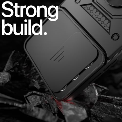 Image of Amazon Basics Back Cover for Samsung Galaxy A14 4G / A14 5G | 360 Protection Case | Sliding Camera Sheild Cover & Ring Holder Stand D10 Tough Armor Bumper Case (Black)