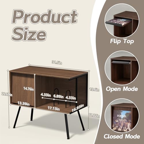 Image of Faesun Flip Top Record Player Stand, Large Turntable Stand Holds up to 150+ Albums, Vintage Mid Century Record Player Table, Stereo Cabinet with Open Storage, for Living Room, Bedroom, Walnut