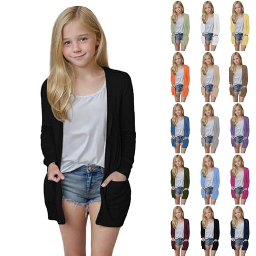 Girls Cardigans Open Front Long Sleeve Sweater Lightweight Soft Cardigan Fall Fashion Cute Solid Outwear with Pockets