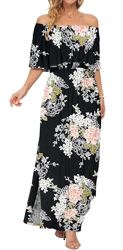 Image of AUSELILY Womens Off Shoulder Ruffle Split Summer Maxi Dresses with Pockets | Off-shoulder Ruffle dress with empire waist & side split for summer beach and casual parties