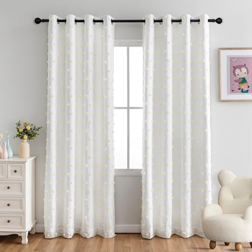 MYSKY HOME 100% Blackout Curtains for Girls Kids Bedroom Thermal Insulated 84 Inch Length Nursery Curtains 2 Panels Grommet Light Filtering Yellow Pom Pom Sheer Drapes for Dining Room, 50W x 84L