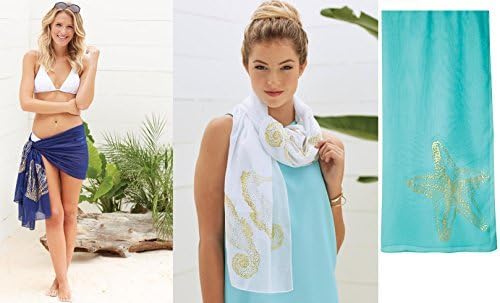 Mud Pie Women's Fashion Resort Wear Shimmer Sea Life Sheer Scarves (Aruba Blue Starfish)