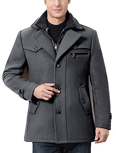 Ftcayanz Men's Wool Coat Winter Slim Fit Pea Coats Single Breasted Quilted Lined Trench Jacket Gray Large #TOP1