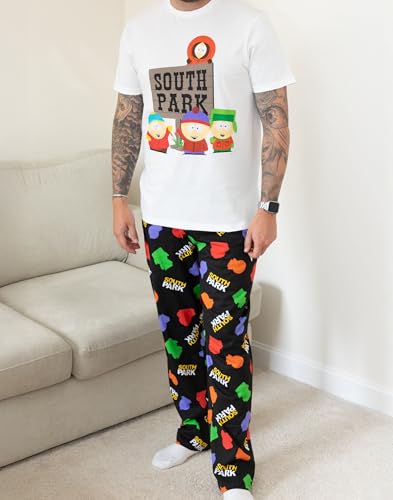 South Park Mens Pajama Set | Adults Classic Character Comedy White Short Sleeve Graphic Tee & Black Printed Long Leg Bottoms2