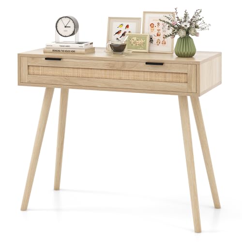 COSTWAY Table Console Bois, Table Console de Salon Rotin avec Tiroir, Design Cannage, Style Bohème, Coiffeuse en Bois, pour Chambre, Couloir, Entrée, Salon,...