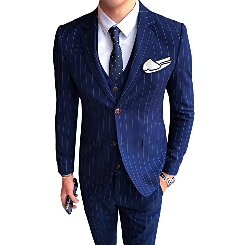Cloudstyle Mens 3 Piece Stripe Suit Set Center Vent 2 Button Tux Blazer Jacket Vest Trousers2