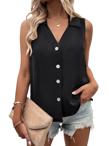 Vrtige Women's Casual Collar V Neck Button Down Sleeveless Tunic Blouse Shirt Tank Top3
