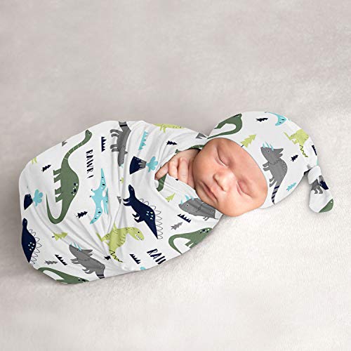 Image of Sweet Jojo Designs Mod Dino Baby Boy Cocoon and Beanie Hat 2pc Set Jersey Stretch Knit Sleeping Bag for Infant Newborn Nursery Sleep Wrap Sack - Blue, Green and Grey Modern Dinosaur