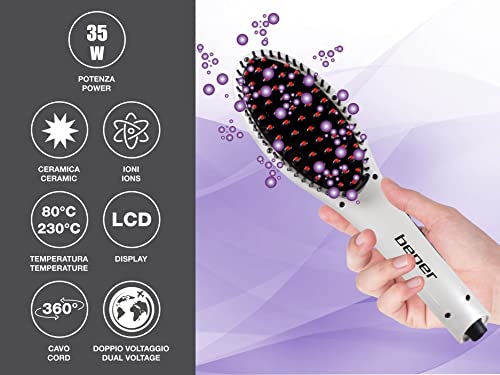 Beper 40.926 Spazzola Lisciante Per Capelli 2 In 1Ceramica, Tecnologia Ionica, Display Lcd, Temperatura Regolabile, Cavo Girevole A 360 °, Senza Effetto Crespo, Capelli Setosi, Bianco-Nero - 2
