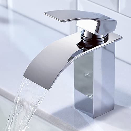 CECIPA Wasserhahn Bad, Wasserfall Wasserhahn Bad Edelstahl Waschtischarmatur Wasserfall mit Auslauf Höhe 84MM Waschbecken Armatur Chrom Einhebelmischer Warm und Kalt wasser Mischbatterien