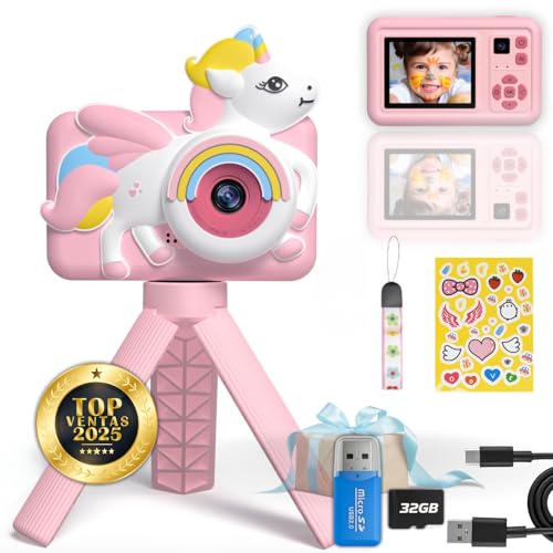 OOHHH!! Cámara de Fotos Infantil para Niños 3 a 10 Años - Cámara Digital HD 1080P con Selfie, MP3, Juegos y Trípode - Regalo Educativo Niña Niño con Tarjeta 32GB, Stickers y Correa (Rosa)