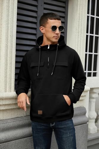 QIXING Men's Cargo Hoodies Quarter-Zip Sweatshirts Tactical Jumpers Casual Gym Athletic Loose Hooded Tops (Black, S) - Image 3