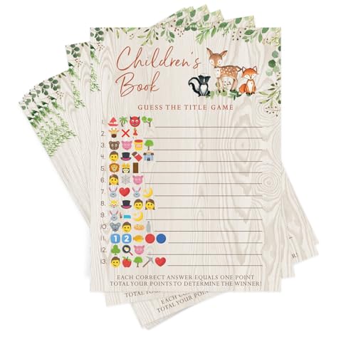 Printed Party Baby Shower Games – Children's Book Title Guessing Game for Boy or Girl, Woodland Forest Animals Theme, 50 Cards
