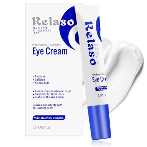 Relaso Eye Cream for Wrinkles & Crows Feet - with Essential Ceramides, Peptides & Caffeine & Niacinamide - Reduce Puffiness & Bags Under Eyes, Under Eye Cream for Women & Men, 0.5 Oz