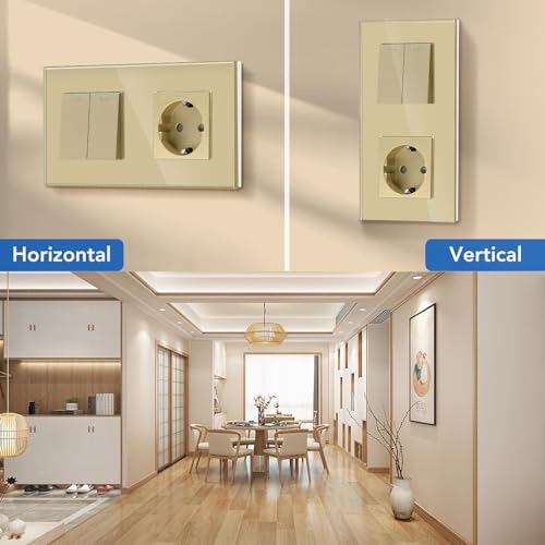 BSEED Lichtschalter mit Steckdose 2 Fach 2 Wege,10A Kristall Glas Platte Wandschalter mit 16A Schuko Steckdose Gold,Physische Unterputz Wechselschalter mit Steckdose- 157mm