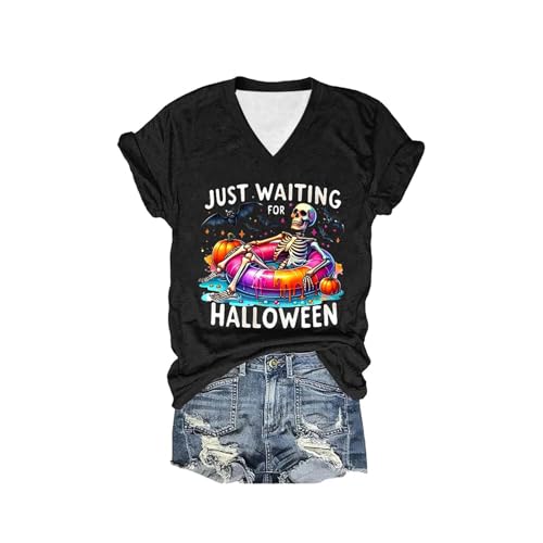 Party Karneval Damentops Halloween Kostüm Casual Tshirts Just Waiting for Halloween Shirt Grafik T-Shirt Lustiges Halloween T-Shirt Party Mode Shirt, Negro , XXL