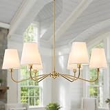 Brass Gold Chandeliers for Dining Room, 36' 6 Light Antique Modern Chandelier Light Fixture with White Fabric Shade, Classic Kitchen Pendant Lights over Table for Living Room Bedroom Entryway Foyer