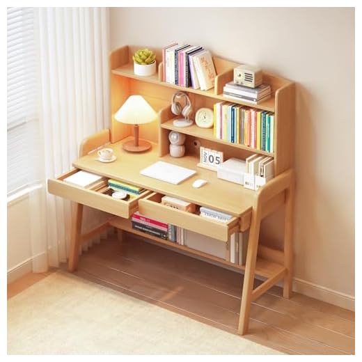 Kids Study Desk with Bookshelf＆Two Drawers for 3-8 Years Old, Height Adjustable Child's School Study Writing Tables Wooden Children's Study Table & Small Writing Desk for Boys and Girls, Natural